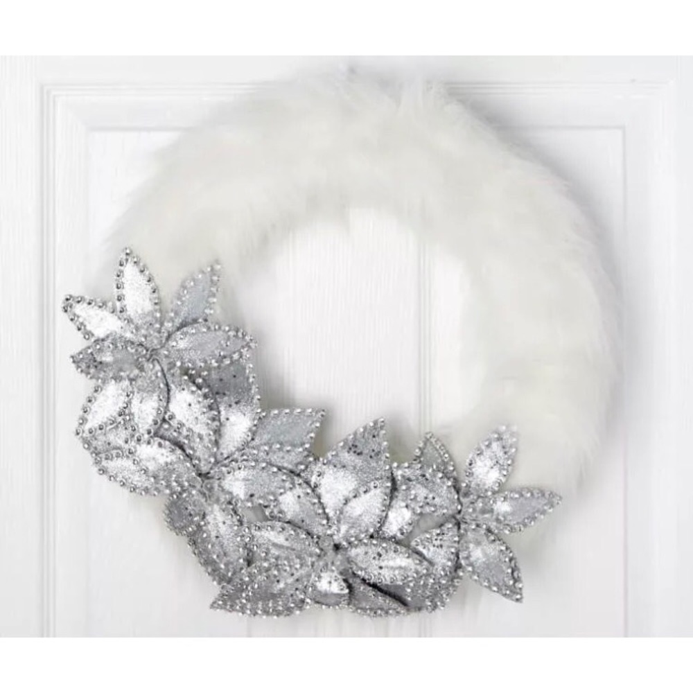 White Faux Fur Wreath w/ Silver Poinsettias